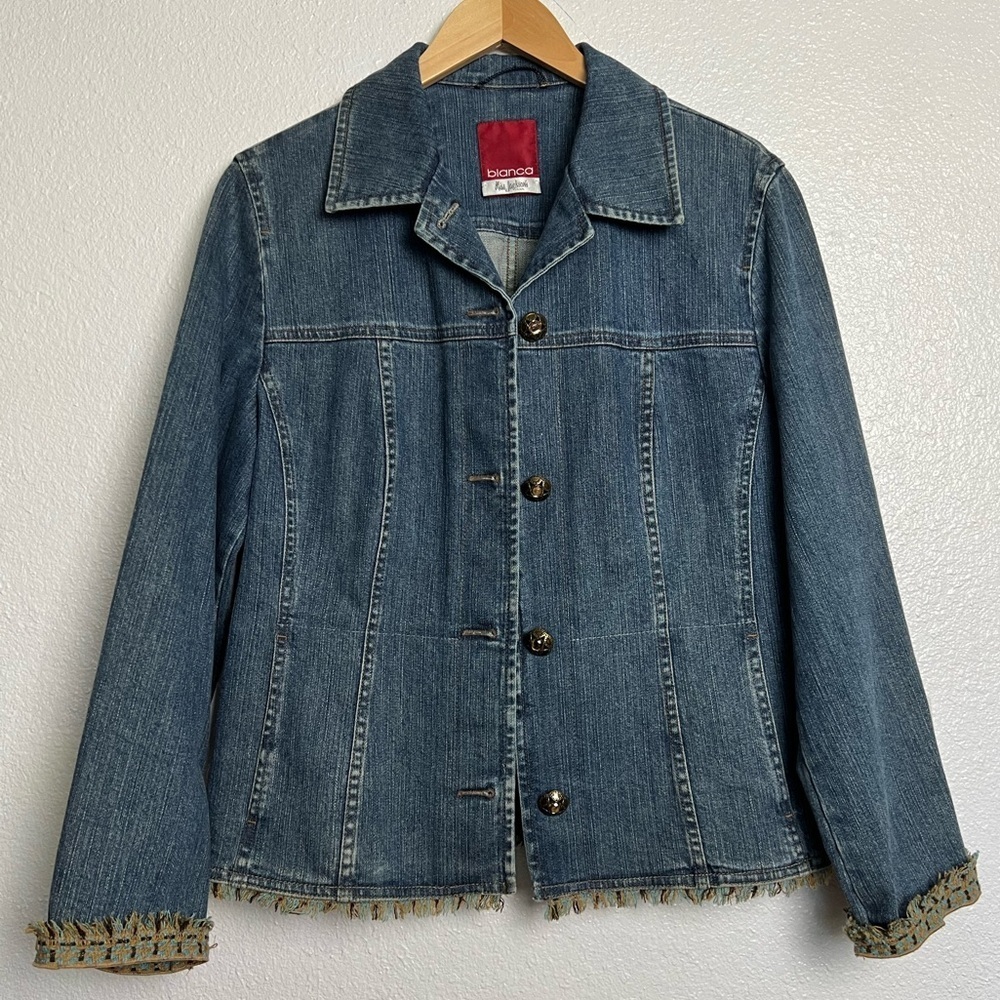 Vintage Bianca Denim Jacket Fringe Metal  Ornate Buttons Yellow stones Boho 10